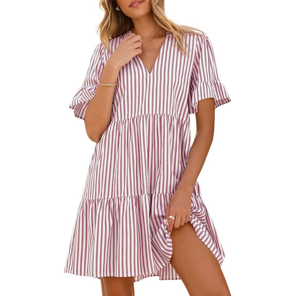imageCaracilia Dresses for Women Summer 2026 Striped V Neck Ruffle Sleeve A Line Tiered Flowy Casual Mini Beach Dress with PocketsRed White Stripe