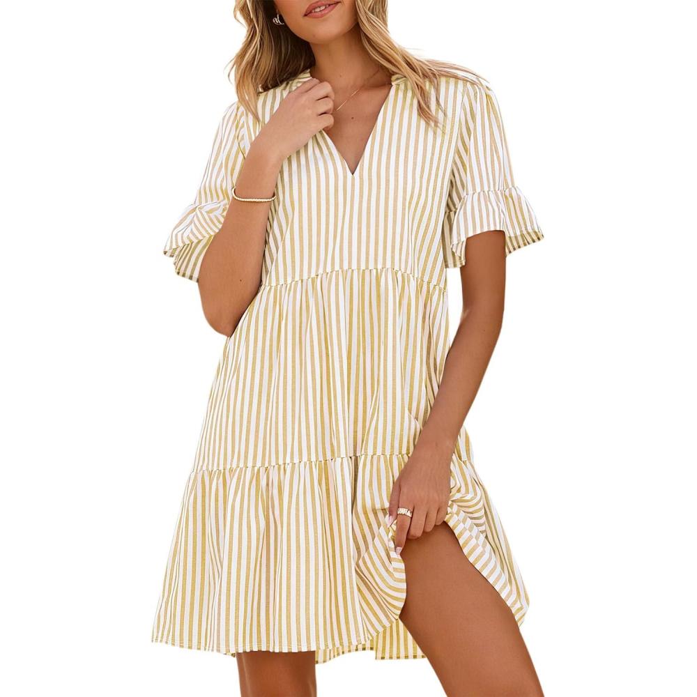 imageCaracilia Dresses for Women Summer 2026 Striped V Neck Ruffle Sleeve A Line Tiered Flowy Casual Mini Beach Dress with PocketsYellow White Stripe