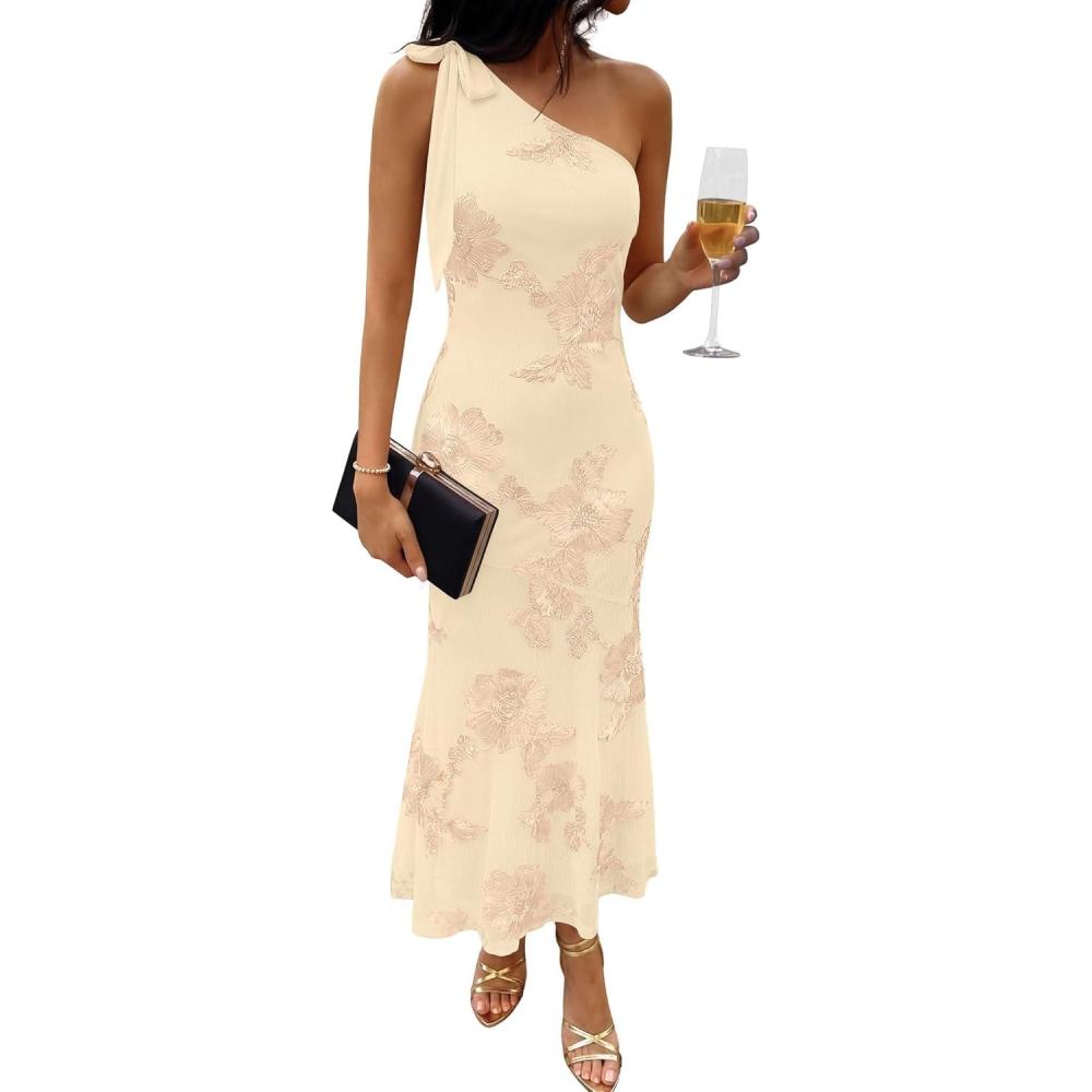 imageCaracilia Womens Floral One Shoulder Formal Dress Summer Elegant Bodycon Mesh Wedding Guest Cocktail Party Long Maxi DressesBeige