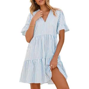 Caracilia Dresses for Women Summer 2026 Striped V Neck Ruffle Sleeve A Line Tiered Flowy Casual Mini Beach Dress with Pockets(Light Blue White Stripe)