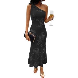 Caracilia Womens Floral One Shoulder Formal Dress Summer Elegant Bodycon Mesh Wedding Guest Cocktail Party Long Maxi Dresses(Black)