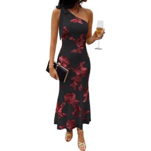 Caracilia Womens Floral One Shoulder Formal Dress Summer Elegant Bodycon Mesh Wedding Guest Cocktail Party Long Maxi Dresses(Black Red Floral)