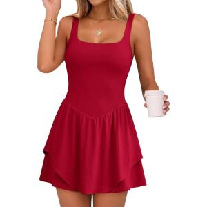 Caracilia Women Tennis Dress Square Neck 2 Layers Hem Built in Shorts and Bra Workout Athletic Golf Dresses with Pocket(Red)