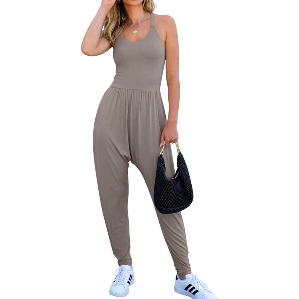 imageCaracilia Women Jumpsuits 2026 Summer Sleeveless Backless Tank Top Rompers Yoga Gym Workout Jumper One Piece OutfitsBrown