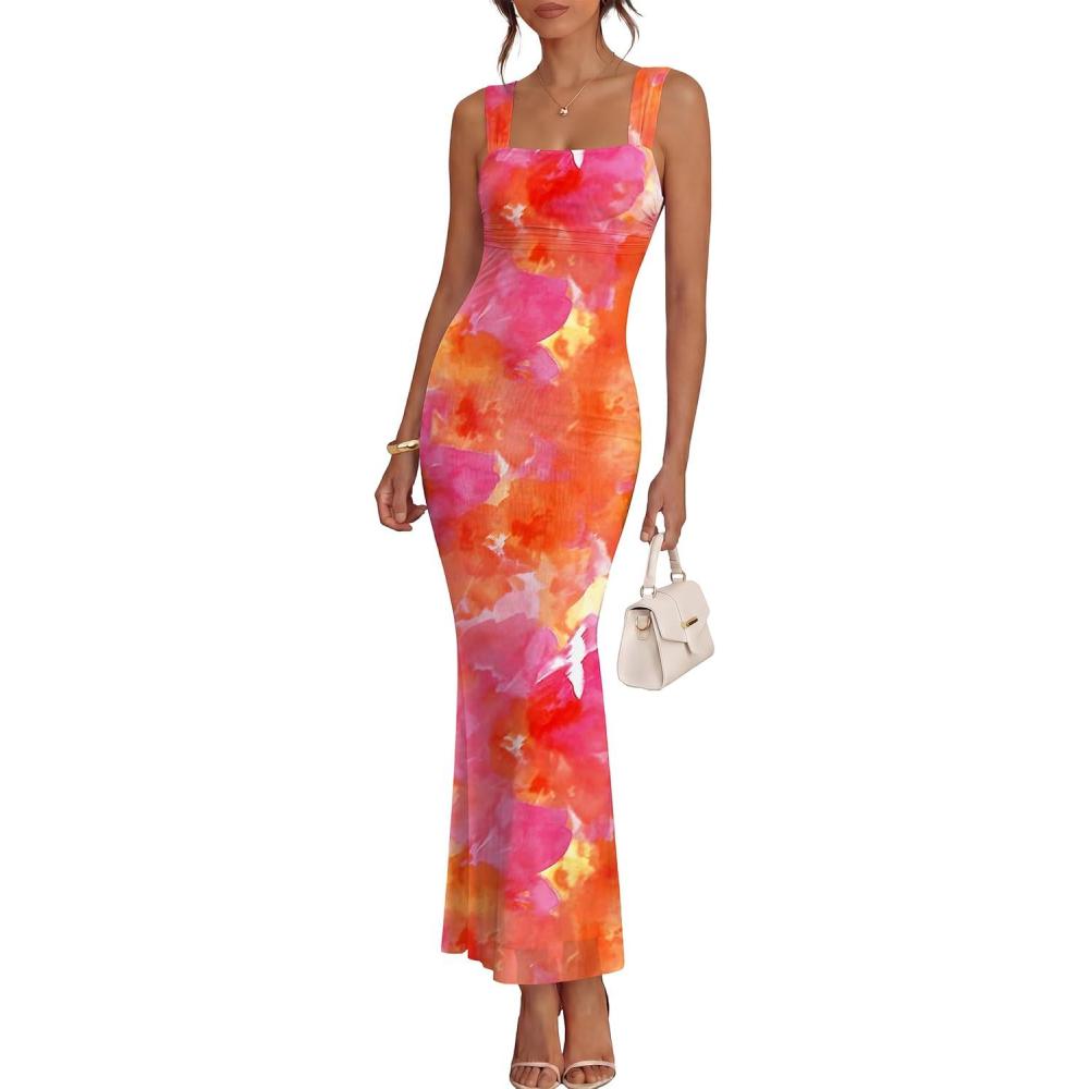imageCaracilia Dresses for Women Summer 2026 Sleeveless Mesh Bodycon Floral Maxi Formal Wedding Guest Dress Party SpringOrange Red Big Floral