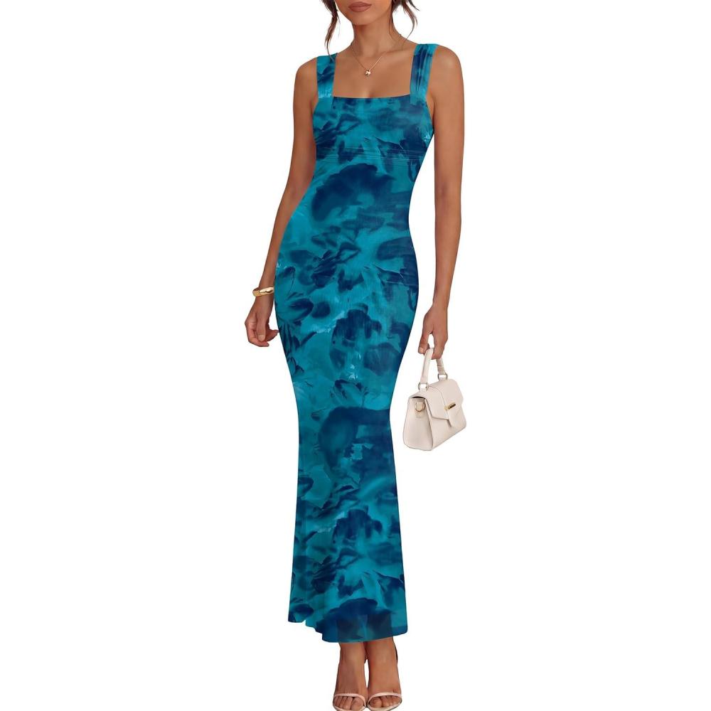imageCaracilia Dresses for Women Summer 2026 Sleeveless Mesh Bodycon Floral Maxi Formal Wedding Guest Dress Party SpringPrint Lake Blue