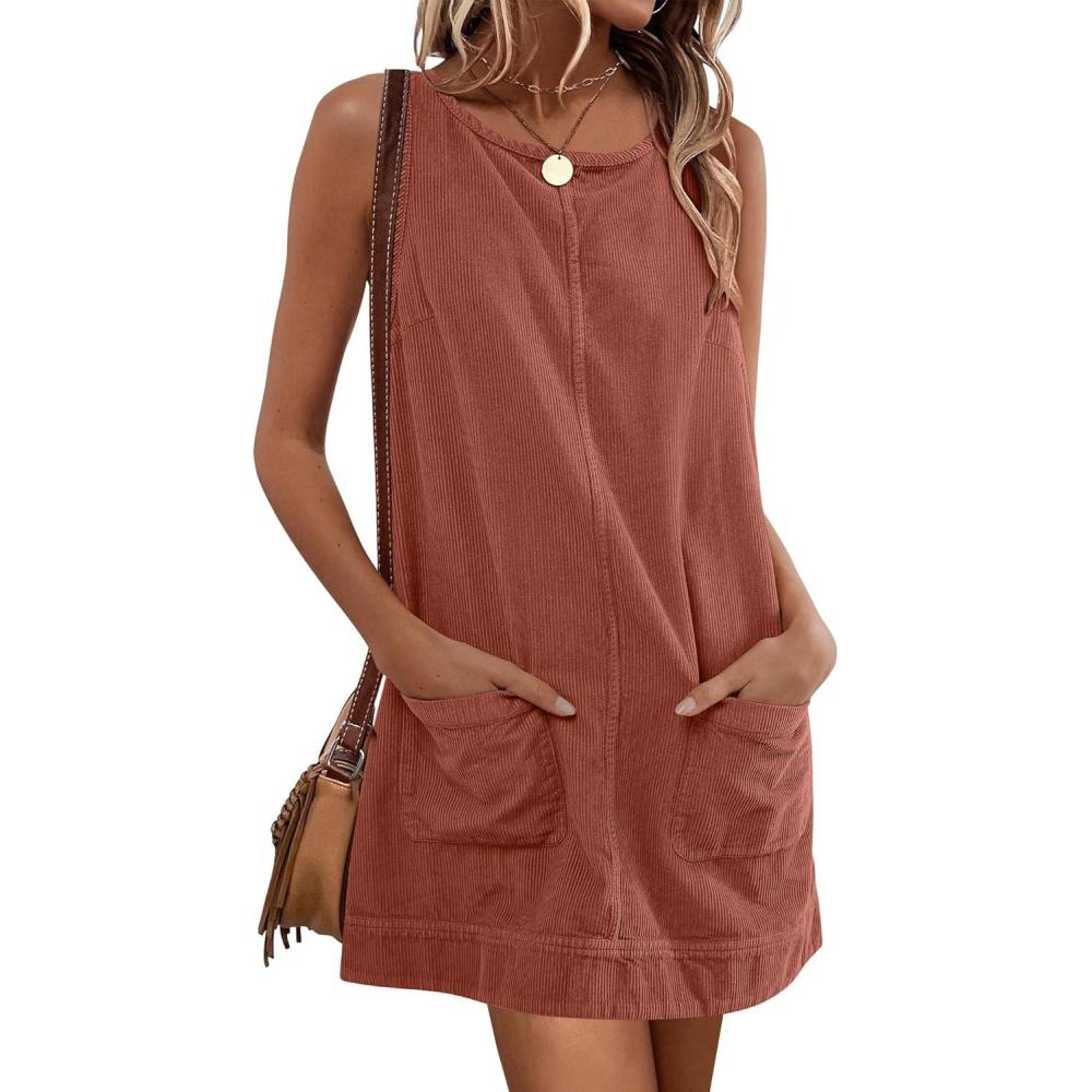 imageCaracilia Women Fall Dress 2026 Corduroy Overall Pinafore Skirtall Jumper Dresses with PocketsRust Brown