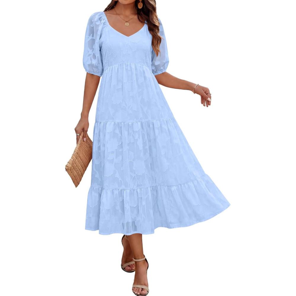 imageCaracilia Womens 2026 Summer Casual Maxi Dresses Short Puff Sleeve V Neck A Line Floral Flowy Boho Wedding Guest Party DressLight Blue