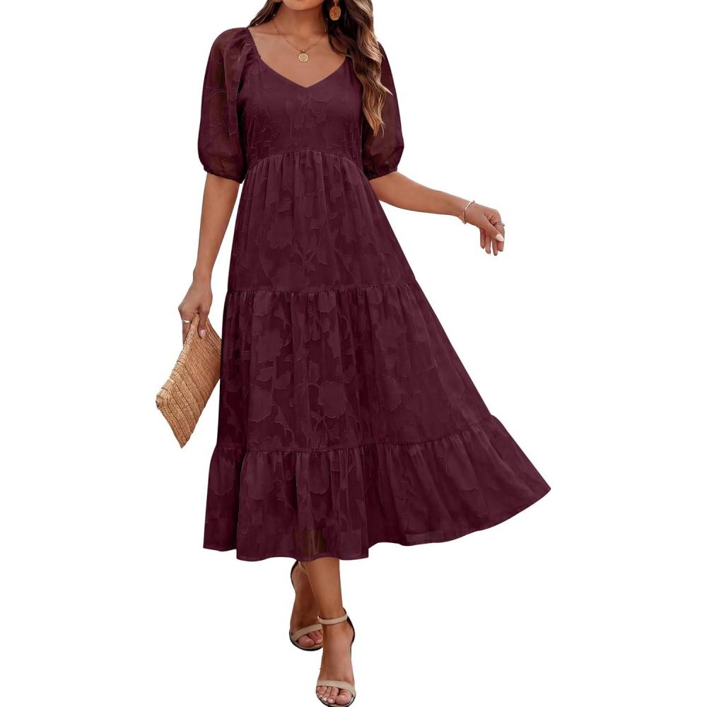 imageCaracilia Womens 2026 Summer Casual Maxi Dresses Short Puff Sleeve V Neck A Line Floral Flowy Boho Wedding Guest Party DressWine Red