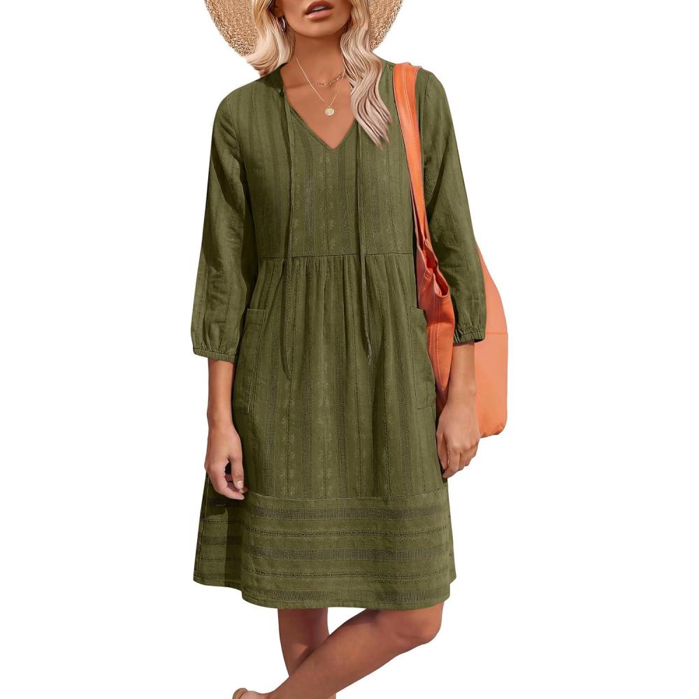 imageCaracilia Womens Summer 34 Sleeve V Neck Casual Shift Dresses with Pockets for Daily Resort and Beach Cover UpArmy Green