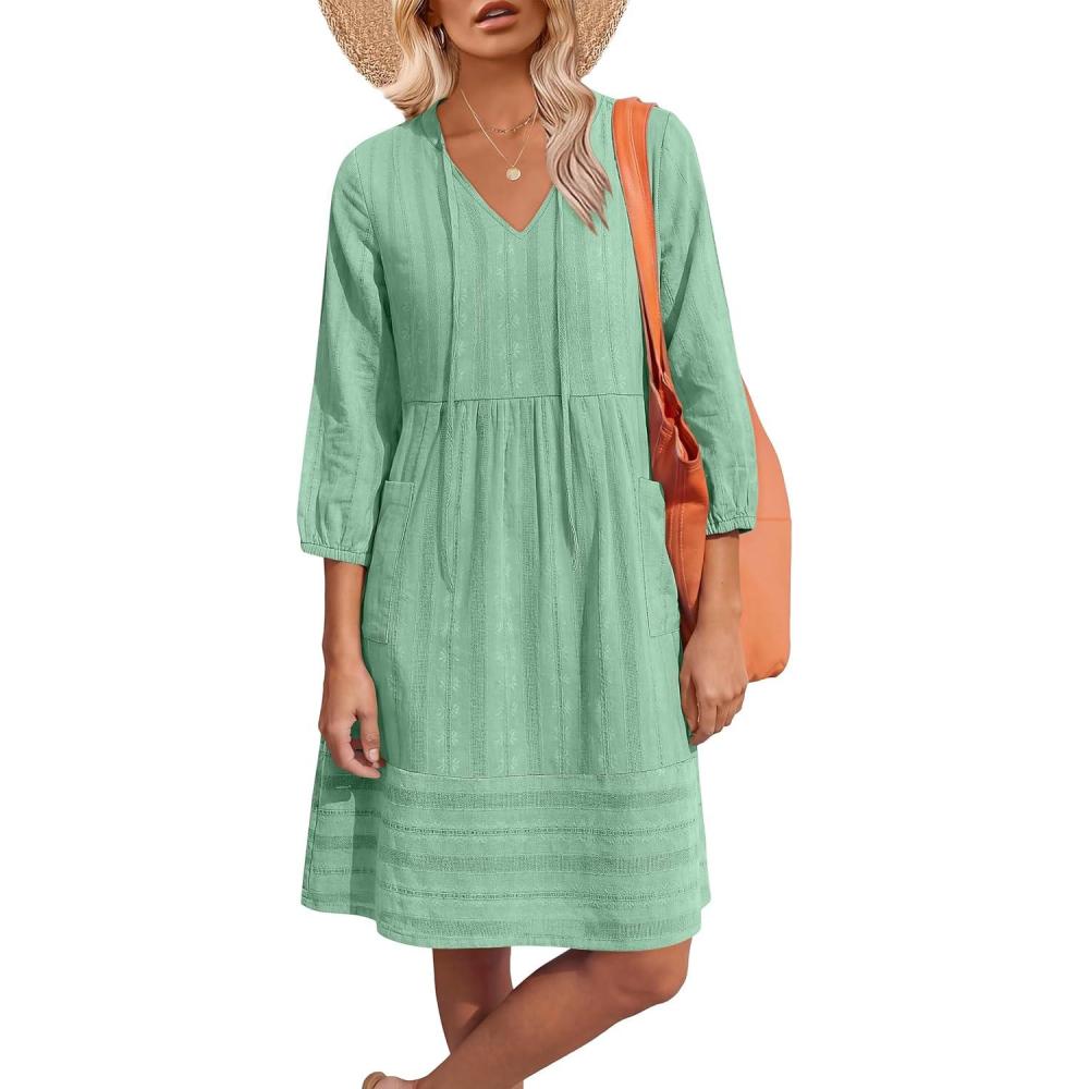 imageCaracilia Womens Summer 34 Sleeve V Neck Casual Shift Dresses with Pockets for Daily Resort and Beach Cover UpMint Green