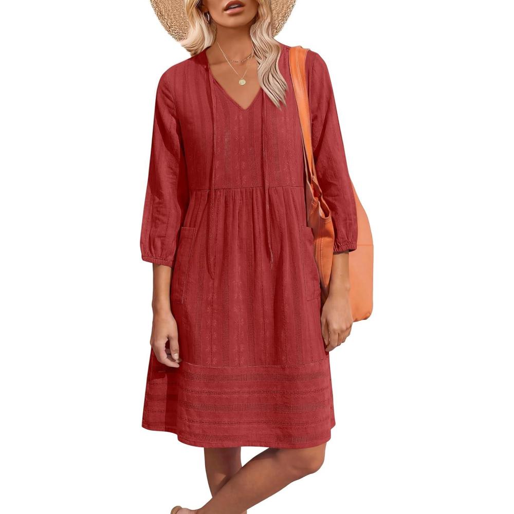 imageCaracilia Womens Summer 34 Sleeve V Neck Casual Shift Dresses with Pockets for Daily Resort and Beach Cover UpRed