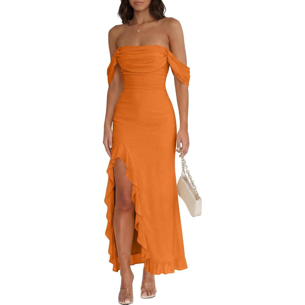 imageCaracilia Womens Summer Off The Shoulder Formal Bodycon Maxi Dresses High Slit Ruffle Hem Mesh Wedding Guest Cocktail DressOrange