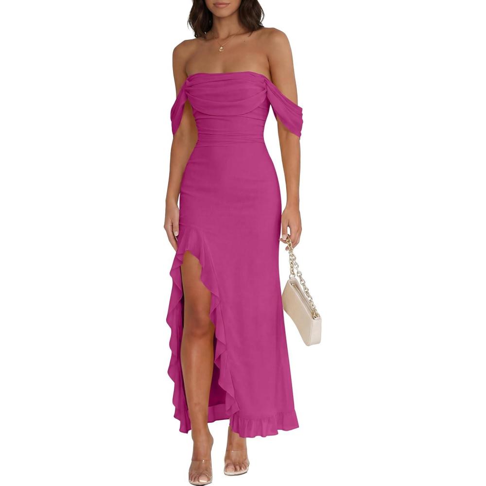 imageCaracilia Womens Summer Off The Shoulder Formal Bodycon Maxi Dresses High Slit Ruffle Hem Mesh Wedding Guest Cocktail DressPink