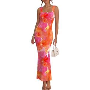 Caracilia Dresses for Women Summer 2026 Sleeveless Mesh Bodycon Floral Maxi Formal Wedding Guest Dress Party Spring(Orange Red Big Floral)