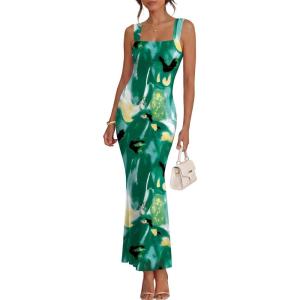 Caracilia Dresses for Women Summer 2026 Sleeveless Mesh Bodycon Floral Maxi Formal Wedding Guest Dress Party Spring(Print Green)