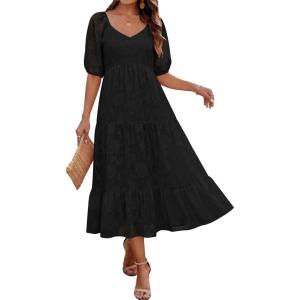 Caracilia Women’s 2026 Summer Casual Maxi Dresses Short Puff Sleeve V Neck A Line Floral Flowy Boho Wedding Guest Party Dress(Black)