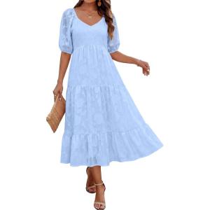 Caracilia Women’s 2026 Summer Casual Maxi Dresses Short Puff Sleeve V Neck A Line Floral Flowy Boho Wedding Guest Party Dress(Light Blue)
