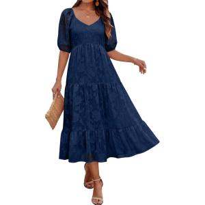 Caracilia Women’s 2026 Summer Casual Maxi Dresses Short Puff Sleeve V Neck A Line Floral Flowy Boho Wedding Guest Party Dress(Navy Blue)