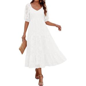 Caracilia Women’s 2026 Summer Casual Maxi Dresses Short Puff Sleeve V Neck A Line Floral Flowy Boho Wedding Guest Party Dress(White)