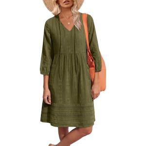 Caracilia Women’s Summer 3/4 Sleeve V Neck Casual Shift Dresses with Pockets, for Daily Resort and Beach Cover Up(Army Green)