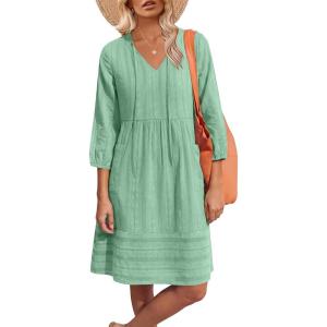 Caracilia Women’s Summer 3/4 Sleeve V Neck Casual Shift Dresses with Pockets, for Daily Resort and Beach Cover Up(Mint Green)