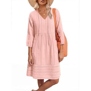 Caracilia Women’s Summer 3/4 Sleeve V Neck Casual Shift Dresses with Pockets, for Daily Resort and Beach Cover Up(Pink)