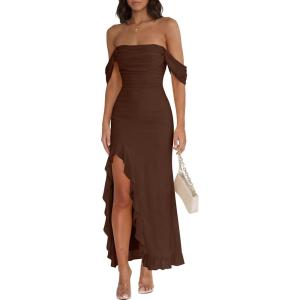 Caracilia Womens Summer Off The Shoulder Formal Bodycon Maxi Dresses High Slit Ruffle Hem Mesh Wedding Guest Cocktail Dress(Brown)