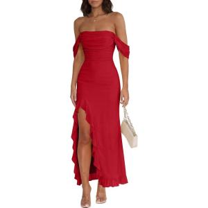 Caracilia Womens Summer Off The Shoulder Formal Bodycon Maxi Dresses High Slit Ruffle Hem Mesh Wedding Guest Cocktail Dress(Red)