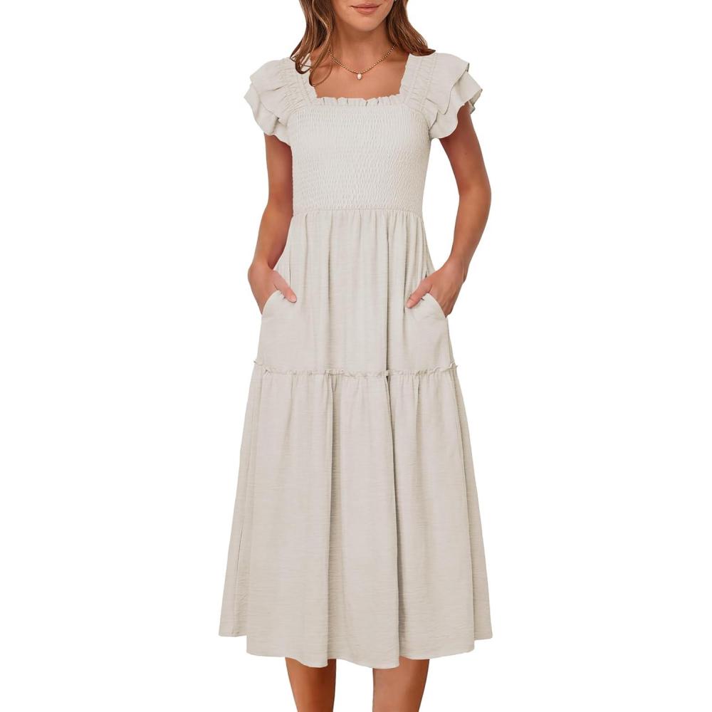 imageCaracilia Womens Summer Maxi Dress 2026 Casual Ruffle Short Sleeve Square Neck Smocked Flowy Sundress Beach Vacation ClothesBeige