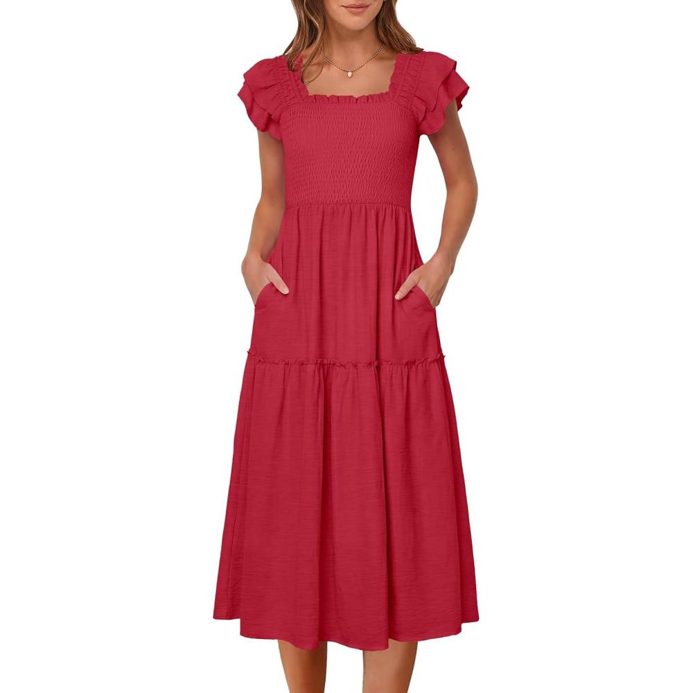 imageCaracilia Womens Summer Maxi Dress 2026 Casual Ruffle Short Sleeve Square Neck Smocked Flowy Sundress Beach Vacation ClothesRed