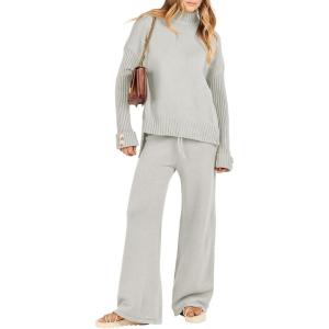 Caracilia Womens 2 Piece Sweater Set Knit Pullover Wide Leg Pants Lounge Matching Sets 2024 Fall Fashion Travel Outfits(Grey)