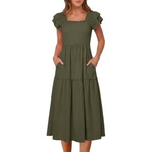 Caracilia Womens Summer Maxi Dress 2026 Casual Ruffle Short Sleeve Square Neck Smocked Flowy Sundress Beach Vacation Clothes(Army Green)