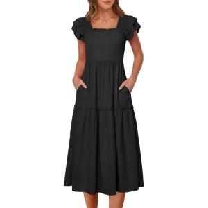 Caracilia Womens Summer Maxi Dress 2026 Casual Ruffle Short Sleeve Square Neck Smocked Flowy Sundress Beach Vacation Clothes(Black)