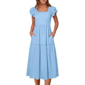 Caracilia Womens Summer Maxi Dress 2026 Casual Ruffle Short Sleeve Square Neck Smocked Flowy Sundress Beach Vacation Clothes(Bright Blue)