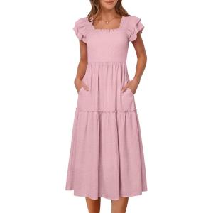 Caracilia Womens Summer Maxi Dress 2026 Casual Ruffle Short Sleeve Square Neck Smocked Flowy Sundress Beach Vacation Clothes(Bright Pink)