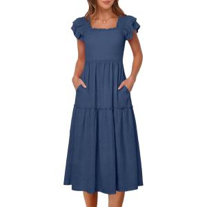 Caracilia Womens Summer Maxi Dress 2026 Casual Ruffle Short Sleeve Square Neck Smocked Flowy Sundress Beach Vacation Clothes(Deep Blue)