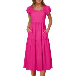 Caracilia Womens Summer Maxi Dress 2026 Casual Ruffle Short Sleeve Square Neck Smocked Flowy Sundress Beach Vacation Clothes(Hot Pink)