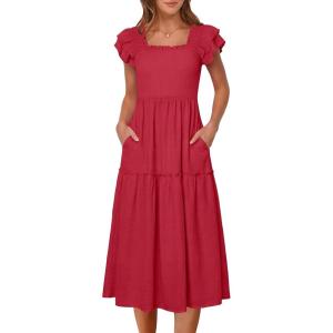 Caracilia Womens Summer Maxi Dress 2026 Casual Ruffle Short Sleeve Square Neck Smocked Flowy Sundress Beach Vacation Clothes(Red)