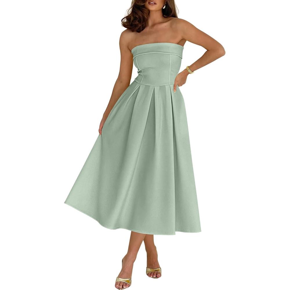 imageCaracilia Womens Strapless Semi Formal Midi Dress Summer Tube Top Pleated Flowy Spring Wedding Guest Cocktail Party DressLight Green