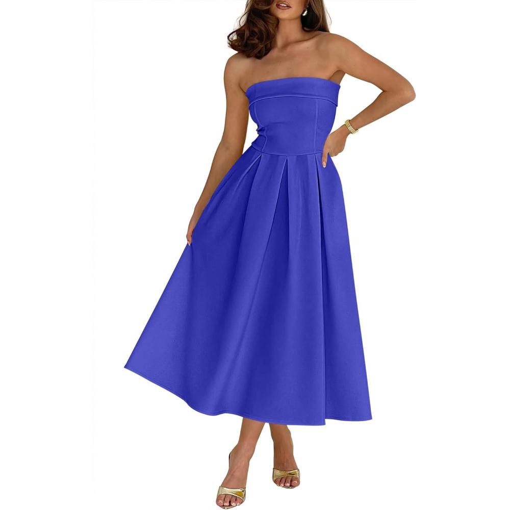 imageCaracilia Womens Strapless Semi Formal Midi Dress Summer Tube Top Pleated Flowy Spring Wedding Guest Cocktail Party DressRoyal Blue