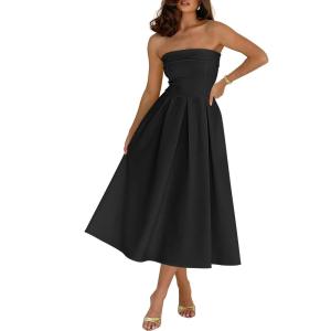 Caracilia Women’s Strapless Semi Formal Midi Dress Summer Tube Top Pleated Flowy Spring Wedding Guest Cocktail Party Dress(Black)