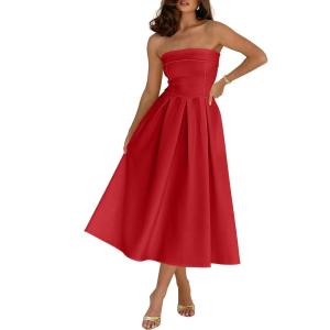Caracilia Women’s Strapless Semi Formal Midi Dress Summer Tube Top Pleated Flowy Spring Wedding Guest Cocktail Party Dress(Red)