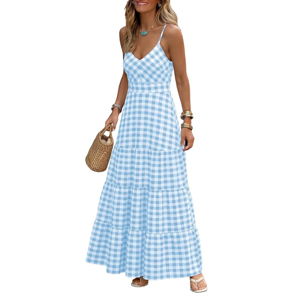 imageCaracilia Summer Maxi Dresses for Women Spaghetti Strap Back Smocked A Line V Neck Casual Long Dress Beach Vacation ClothesBlue White Plaid