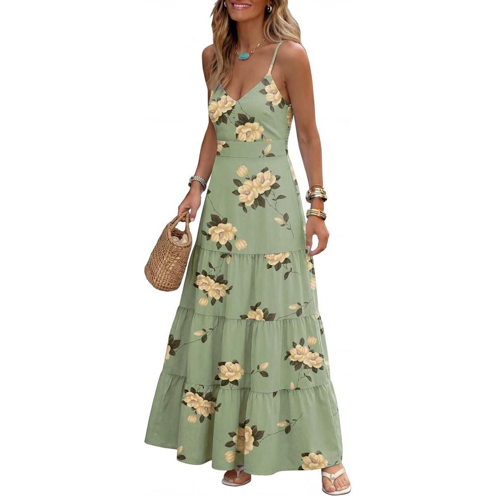 imageCaracilia Summer Maxi Dresses for Women Spaghetti Strap Back Smocked A Line V Neck Casual Long Dress Beach Vacation ClothesFloral Green