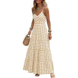 Caracilia Summer Maxi Dresses for Women Spaghetti Strap Back Smocked A Line V Neck Casual Long Dress Beach Vacation Clothes(Beige Yellow White Plaid)