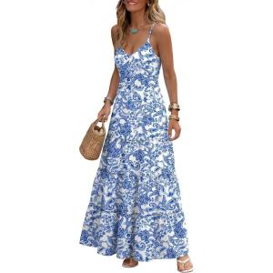 Caracilia Summer Maxi Dresses for Women Spaghetti Strap Back Smocked A Line V Neck Casual Long Dress Beach Vacation Clothes(Floral Blue)