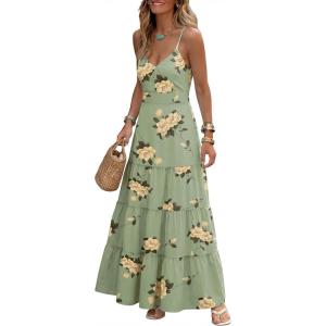 Caracilia Summer Maxi Dresses for Women Spaghetti Strap Back Smocked A Line V Neck Casual Long Dress Beach Vacation Clothes(Floral Green)