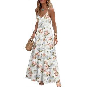 Caracilia Summer Maxi Dresses for Women Spaghetti Strap Back Smocked A Line V Neck Casual Long Dress Beach Vacation Clothes(Floral White)