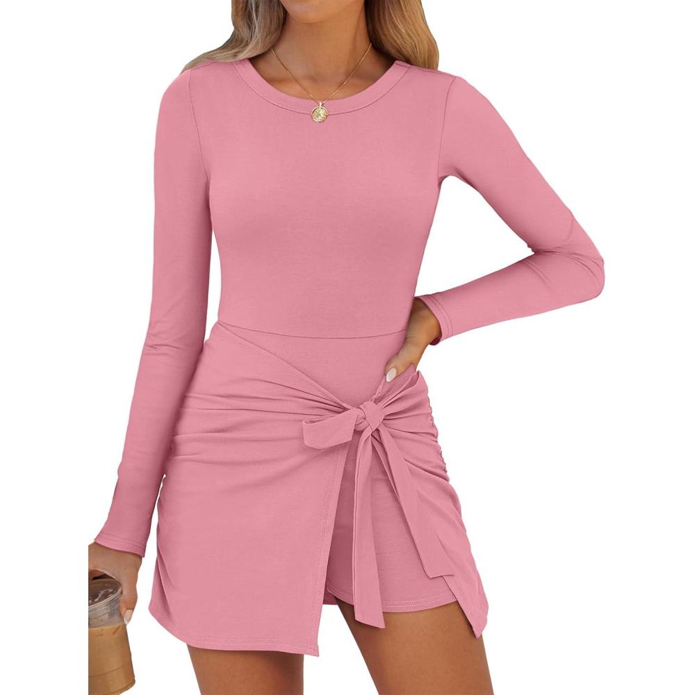 imageCaracilia Women Long Sleeve Tennis Dress 2026 Spring Bodycon Tie Waist Romper Skorts Athletic Mini Dresses Built in ShortsCoral